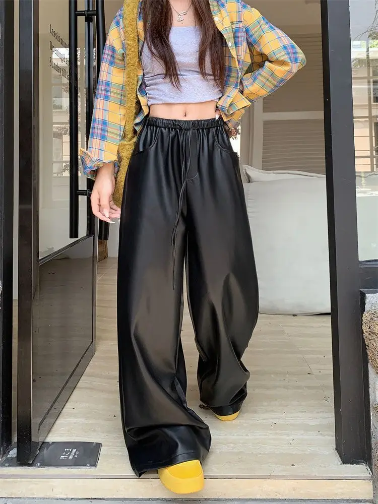 black PU leather casual pants women's autumn and winter high waist slimming straight leg  loose wide leg floor pants