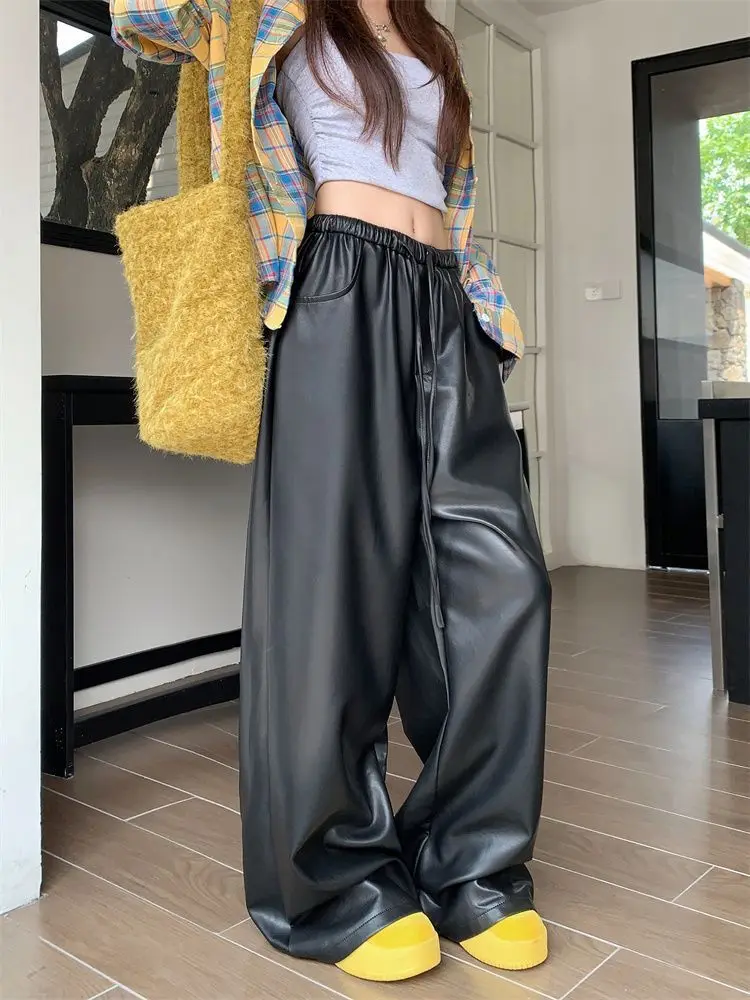 black PU leather casual pants women's autumn and winter high waist slimming straight leg  loose wide leg floor pants