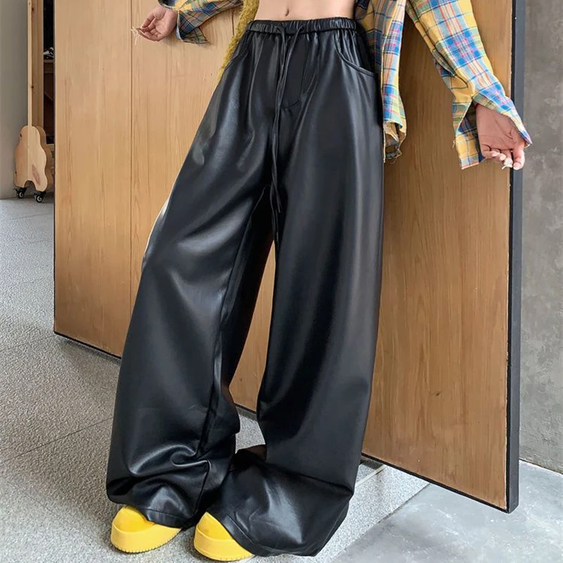 black PU leather casual pants women's autumn and winter high waist slimming straight leg  loose wide leg floor pants