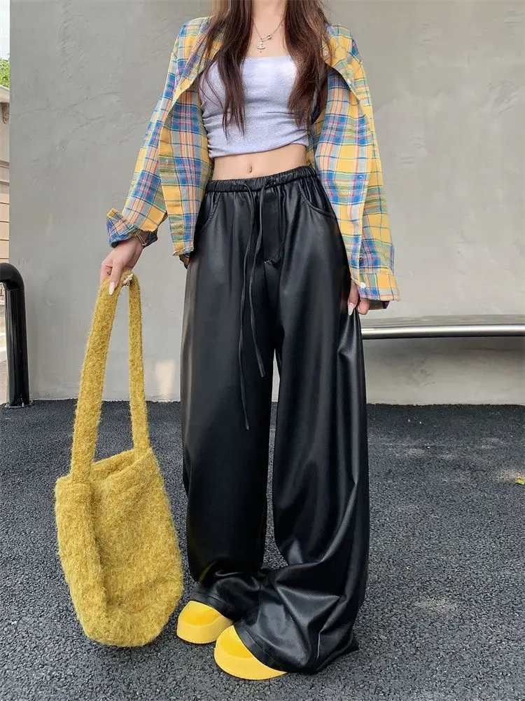 black PU leather casual pants women's autumn and winter high waist slimming straight leg  loose wide leg floor pants