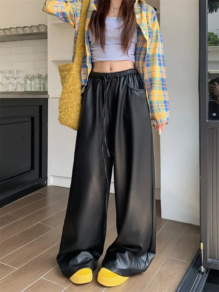 black PU leather casual pants women's autumn and winter high waist slimming straight leg  loose wide leg floor pants