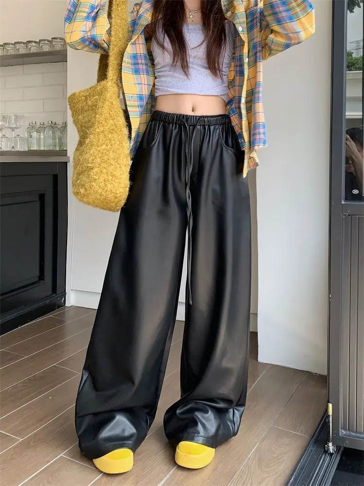 black PU leather casual pants women's autumn and winter high waist slimming straight leg  loose wide leg floor pants