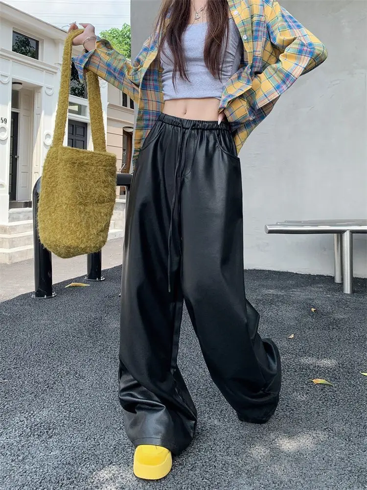 black PU leather casual pants women's autumn and winter high waist slimming straight leg  loose wide leg floor pants
