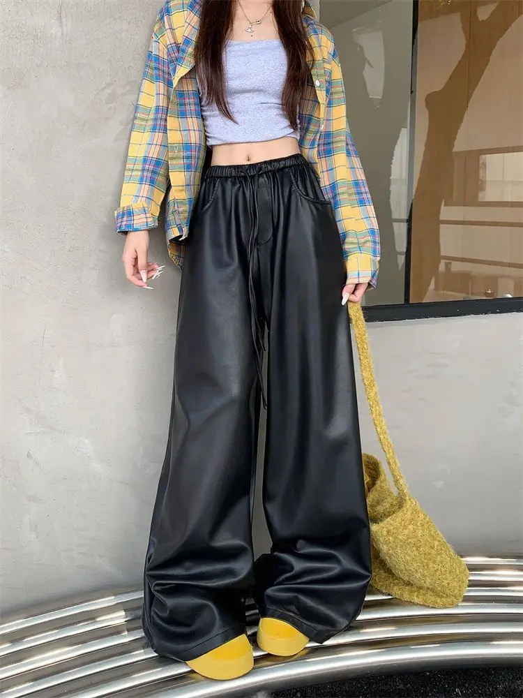 black PU leather casual pants women's autumn and winter high waist slimming straight leg  loose wide leg floor pants