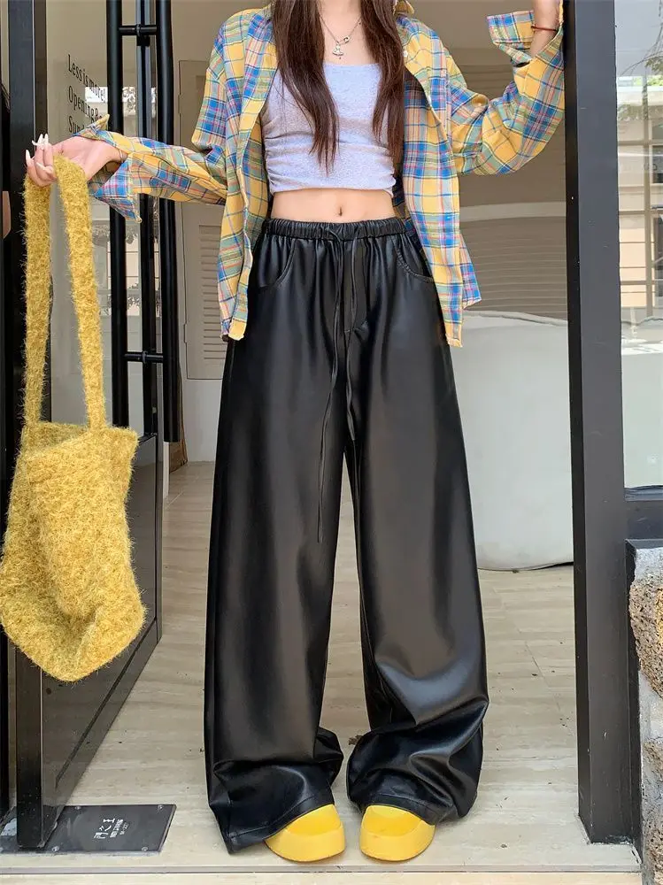 black PU leather casual pants women's autumn and winter high waist slimming straight leg  loose wide leg floor pants