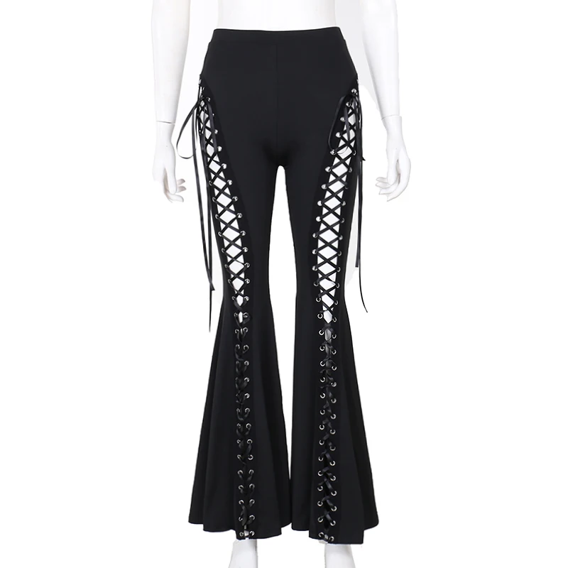 Y2K Gothic Black Velvet Lace Mesh Flare Pants Sexy Harajuku Aesthetic See Through Emo Pants Vintage Women Summer Pant Streetwear