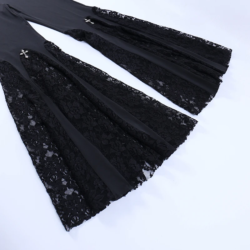 Y2K Gothic Black Velvet Lace Mesh Flare Pants Sexy Harajuku Aesthetic See Through Emo Pants Vintage Women Summer Pant Streetwear
