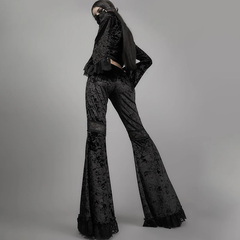 Y2K Gothic Black Velvet Lace Mesh Flare Pants Sexy Harajuku Aesthetic See Through Emo Pants Vintage Women Summer Pant Streetwear