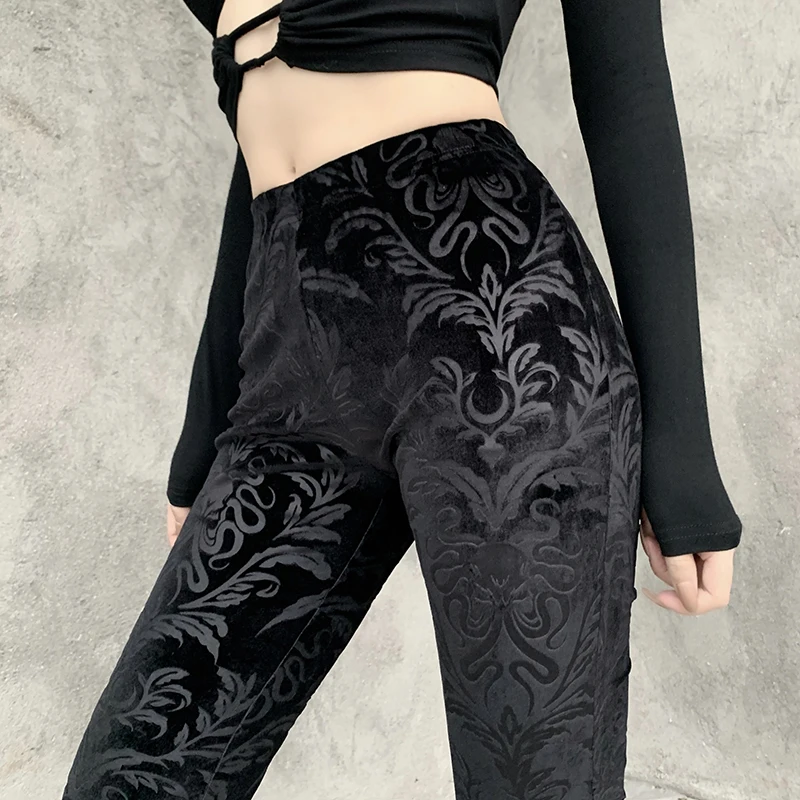 Y2K Gothic Black Velvet Lace Mesh Flare Pants Sexy Harajuku Aesthetic See Through Emo Pants Vintage Women Summer Pant Streetwear