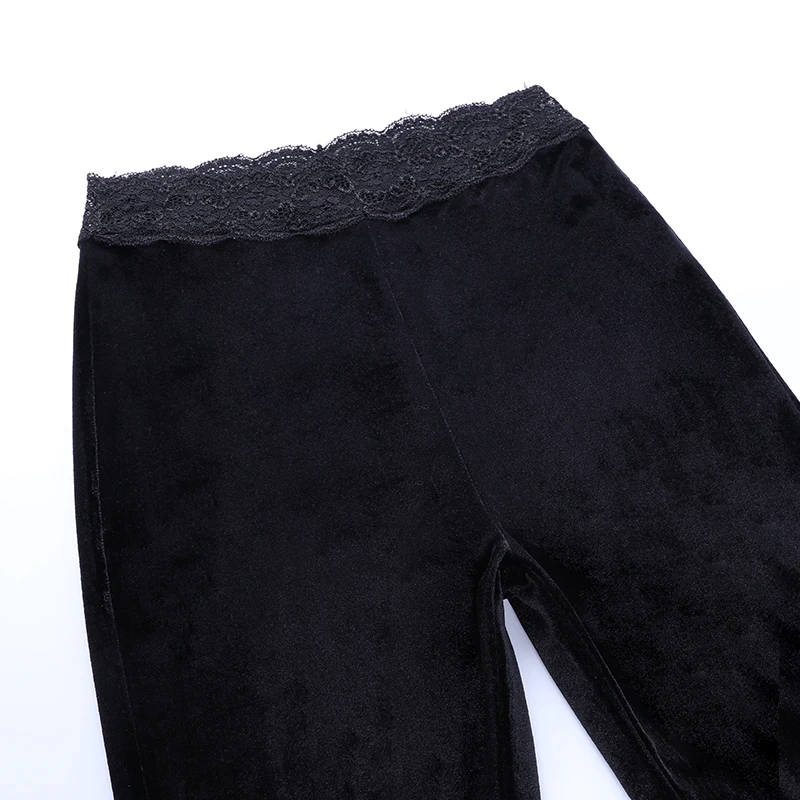 Y2K Gothic Black Velvet Lace Mesh Flare Pants Sexy Harajuku Aesthetic See Through Emo Pants Vintage Women Summer Pant Streetwear