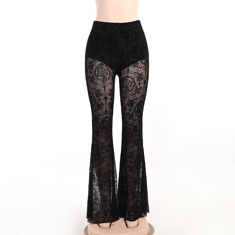 Y2K Gothic Black Velvet Lace Mesh Flare Pants Sexy Harajuku Aesthetic See Through Emo Pants Vintage Women Summer Pant Streetwear