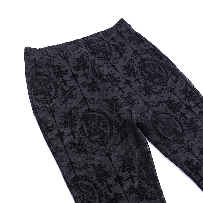 Y2K Gothic Black Velvet Lace Mesh Flare Pants Sexy Harajuku Aesthetic See Through Emo Pants Vintage Women Summer Pant Streetwear