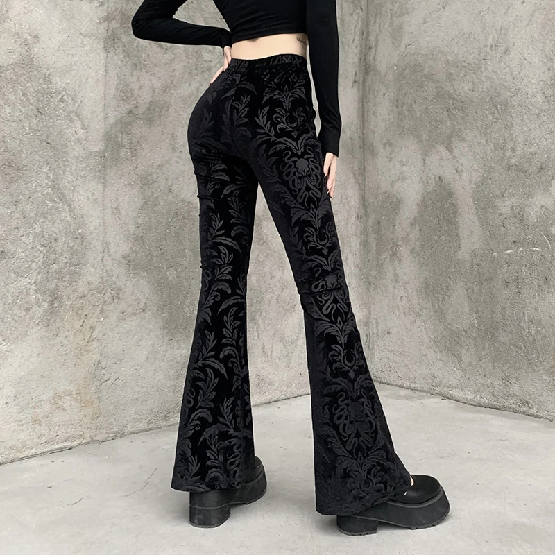Y2K Gothic Black Velvet Lace Mesh Flare Pants Sexy Harajuku Aesthetic See Through Emo Pants Vintage Women Summer Pant Streetwear