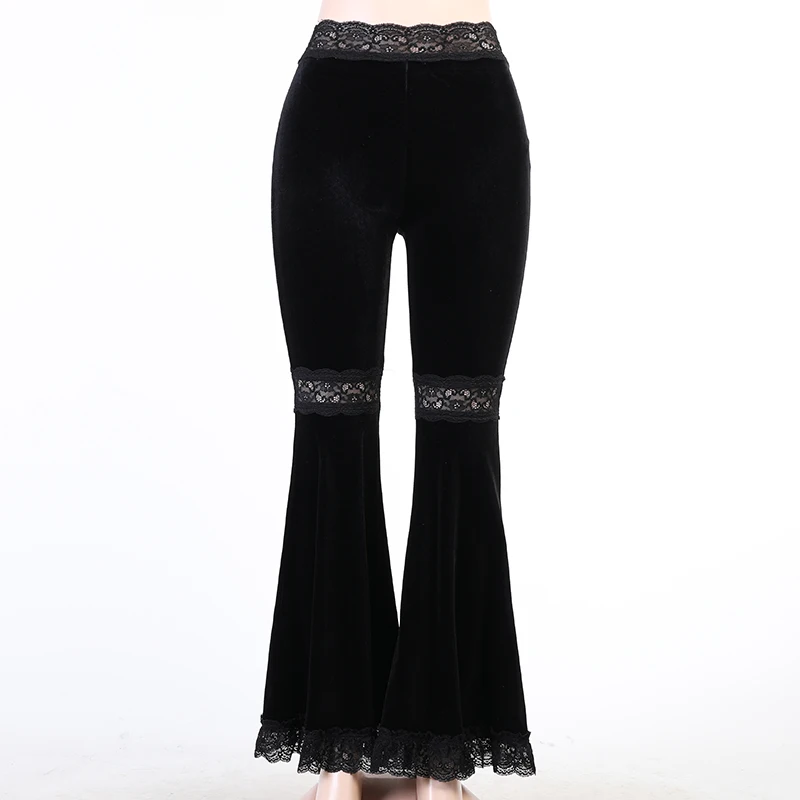 Y2K Gothic Black Velvet Lace Mesh Flare Pants Sexy Harajuku Aesthetic See Through Emo Pants Vintage Women Summer Pant Streetwear