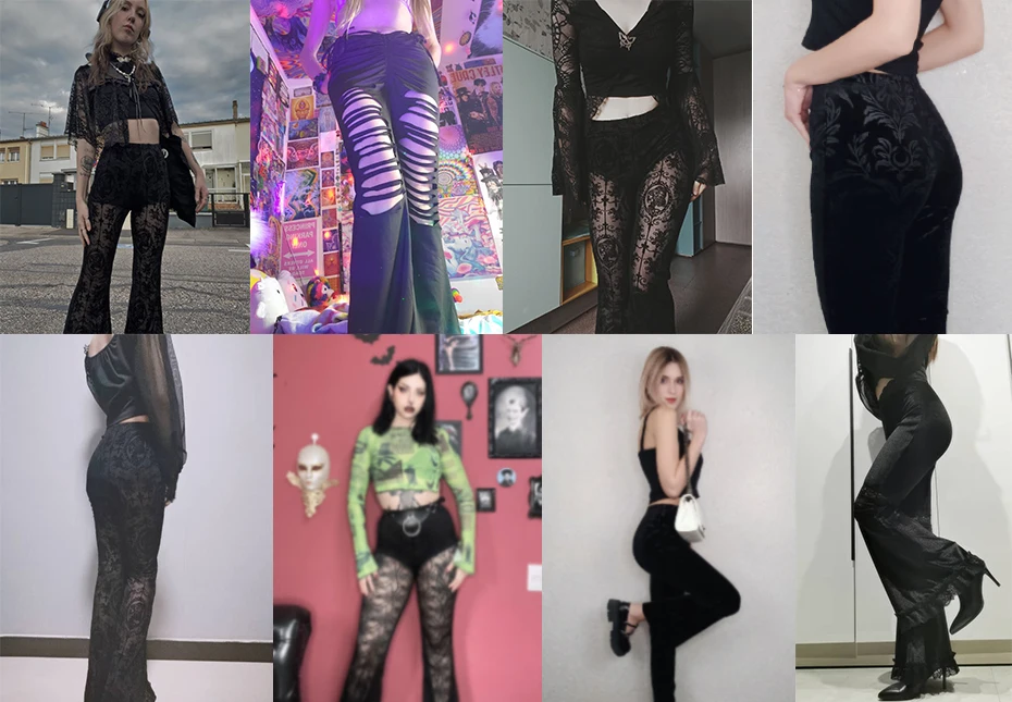 Y2K Gothic Black Velvet Lace Mesh Flare Pants Sexy Harajuku Aesthetic See Through Emo Pants Vintage Women Summer Pant Streetwear