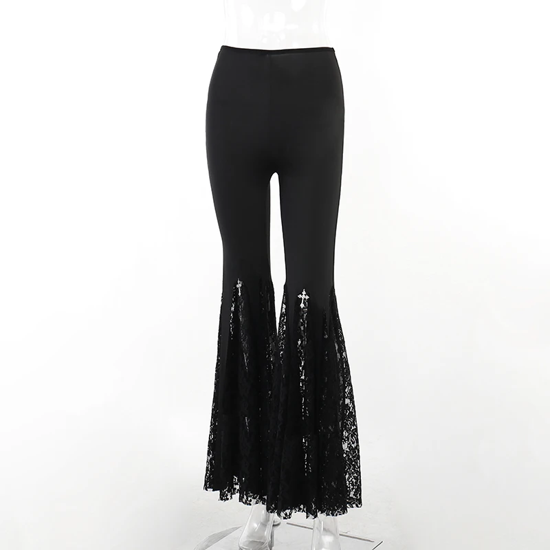 Y2K Gothic Black Velvet Lace Mesh Flare Pants Sexy Harajuku Aesthetic See Through Emo Pants Vintage Women Summer Pant Streetwear