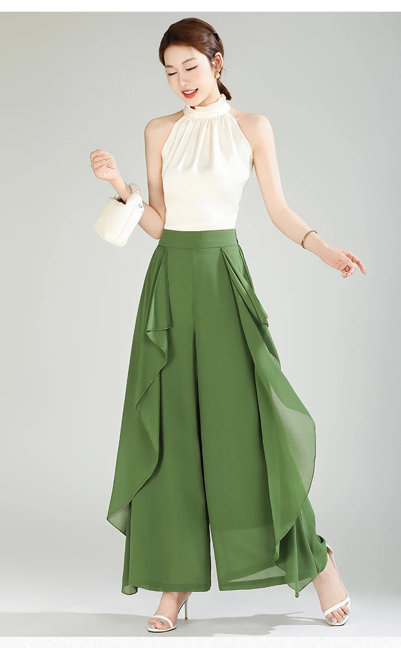 ZUZK Summer Ruffles Chiffion Pants Elastic Waist White Pants Women Fashion Lady Dance Pants baggy pants Wide Leg Pants