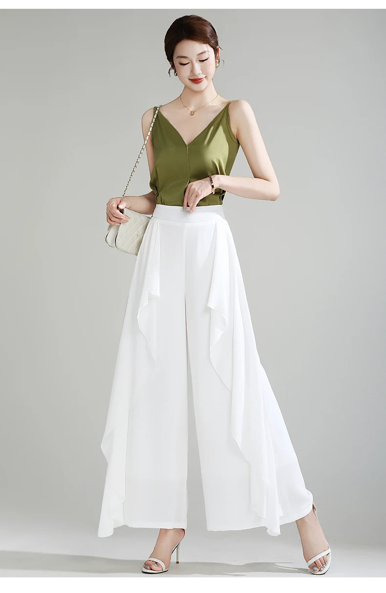 ZUZK Summer Ruffles Chiffion Pants Elastic Waist White Pants Women Fashion Lady Dance Pants baggy pants Wide Leg Pants