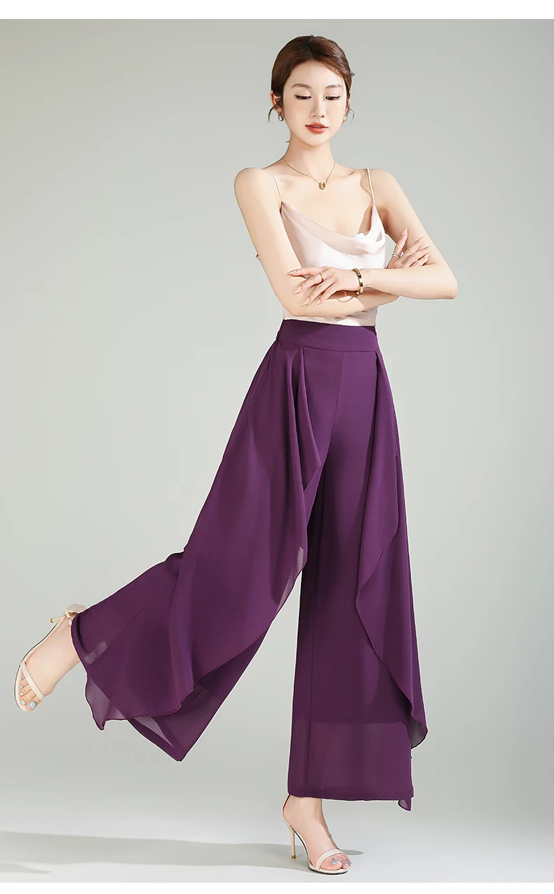 ZUZK Summer Ruffles Chiffion Pants Elastic Waist White Pants Women Fashion Lady Dance Pants baggy pants Wide Leg Pants