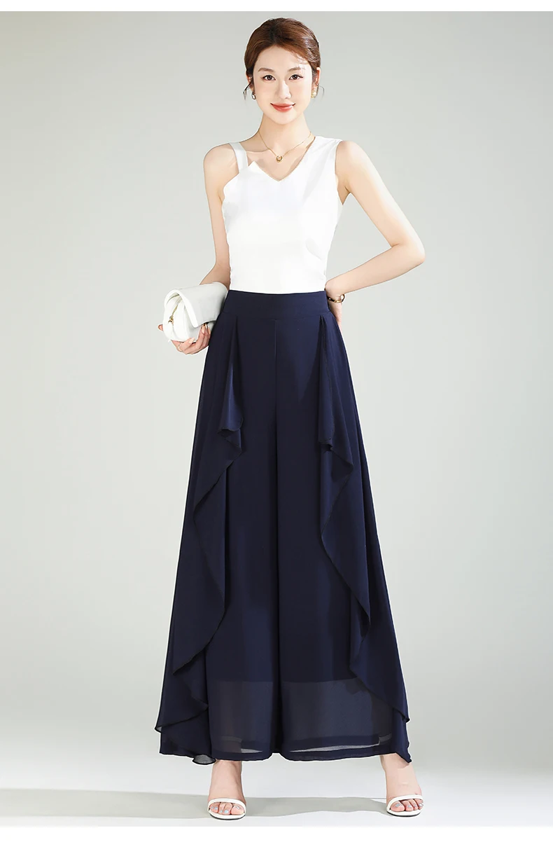 ZUZK Summer Ruffles Chiffion Pants Elastic Waist White Pants Women Fashion Lady Dance Pants baggy pants Wide Leg Pants