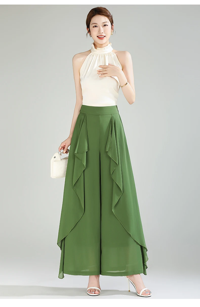 ZUZK Summer Ruffles Chiffion Pants Elastic Waist White Pants Women Fashion Lady Dance Pants baggy pants Wide Leg Pants