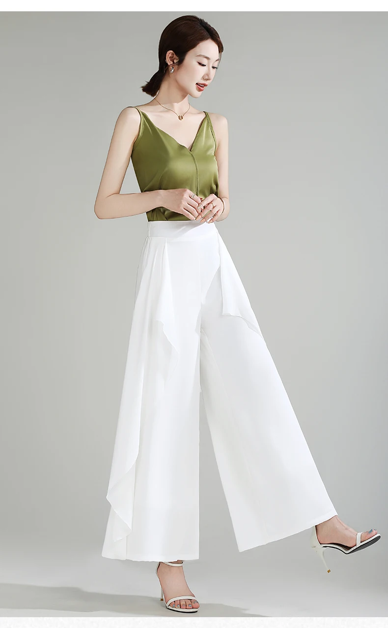 ZUZK Summer Ruffles Chiffion Pants Elastic Waist White Pants Women Fashion Lady Dance Pants baggy pants Wide Leg Pants