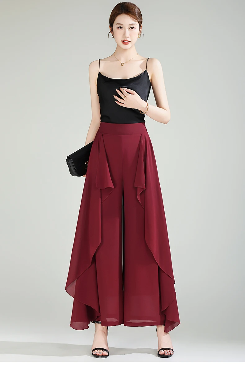 ZUZK Summer Ruffles Chiffion Pants Elastic Waist White Pants Women Fashion Lady Dance Pants baggy pants Wide Leg Pants