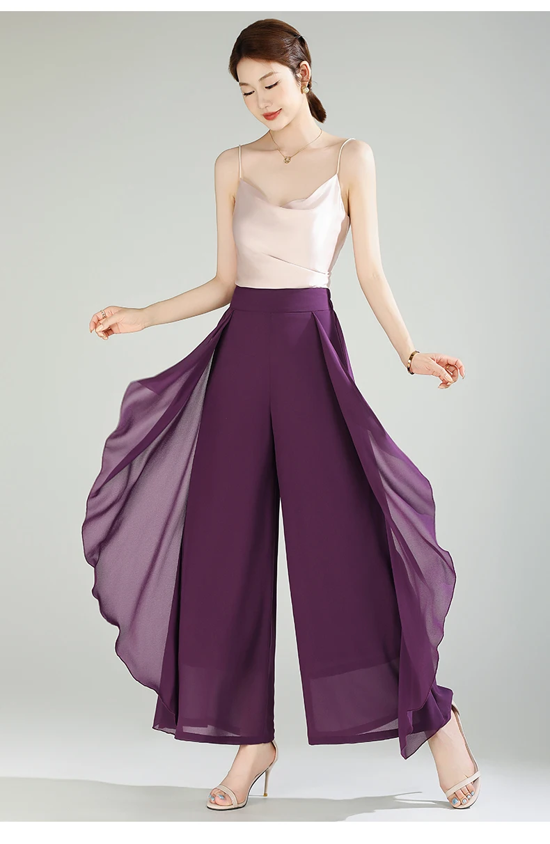 ZUZK Summer Ruffles Chiffion Pants Elastic Waist White Pants Women Fashion Lady Dance Pants baggy pants Wide Leg Pants