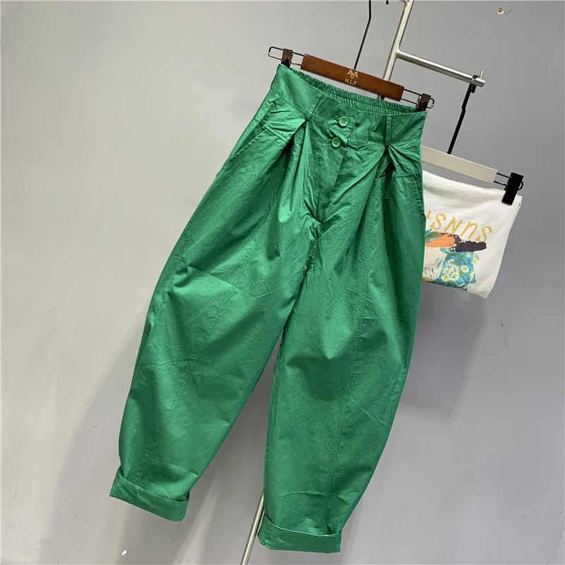 Limiguyue Street Wear Loose Cotton Harem Pants Women Spring Summer Trousers Elastic Wiast Ankle-Length Pants Two Button E392
