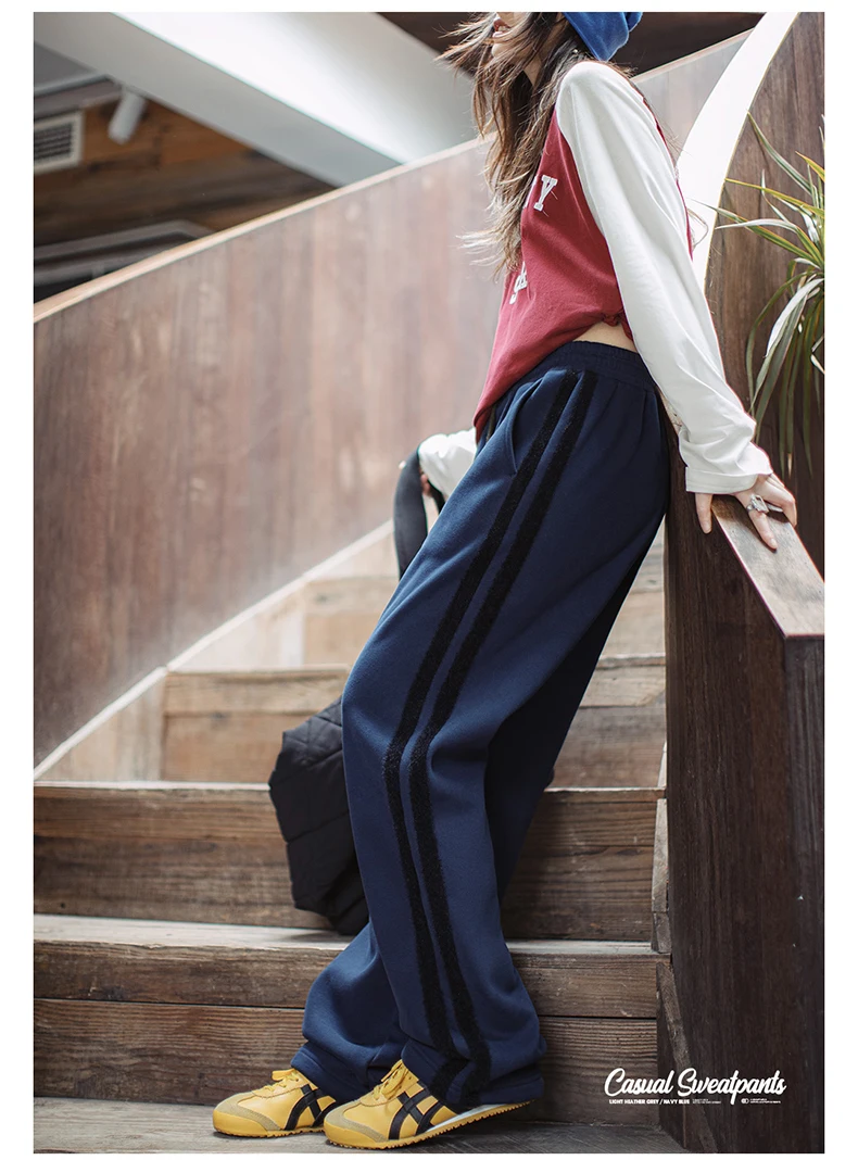 Maden Casual Loose Fleece-lined Sweatpants with Double-bar Striped Design Trousers for Women's Autumn and Winter Sports Pants