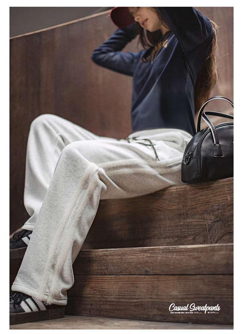 Maden Casual Loose Fleece-lined Sweatpants with Double-bar Striped Design Trousers for Women's Autumn and Winter Sports Pants