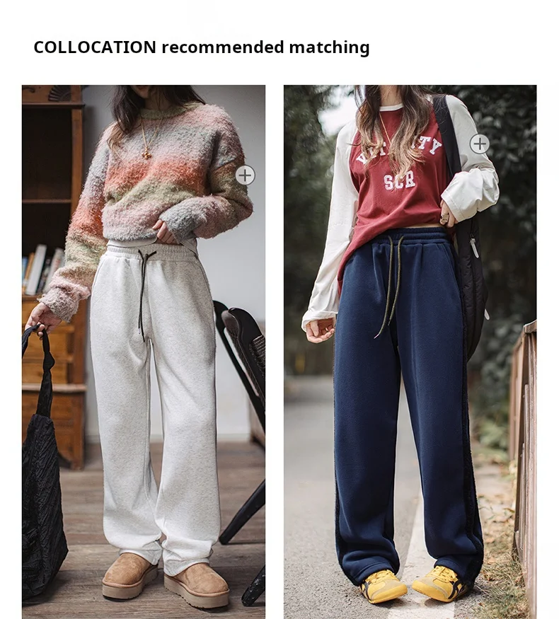 Maden Casual Loose Fleece-lined Sweatpants with Double-bar Striped Design Trousers for Women's Autumn and Winter Sports Pants
