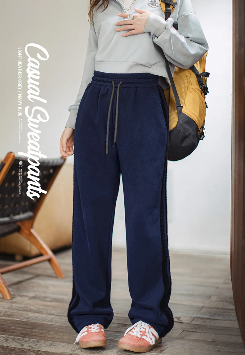 Maden Casual Loose Fleece-lined Sweatpants with Double-bar Striped Design Trousers for Women's Autumn and Winter Sports Pants
