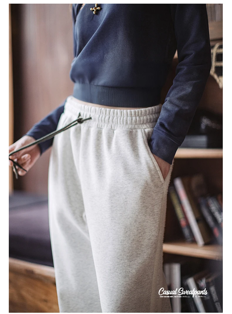Maden Casual Loose Fleece-lined Sweatpants with Double-bar Striped Design Trousers for Women's Autumn and Winter Sports Pants