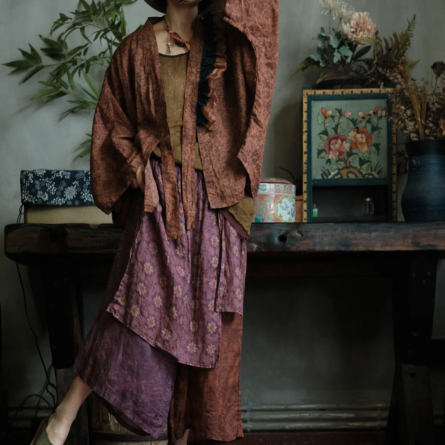 100% Ramie Women Casual Wide Leg Pants New 2026 Vintage Style Floral Print Loose Comfortable Female Ankle-length Pants M2772