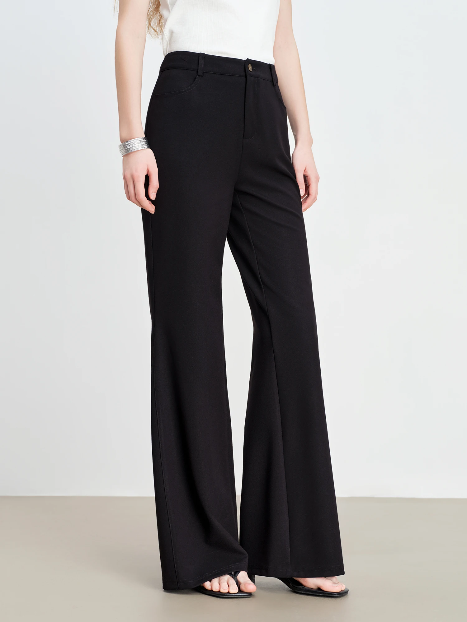 ZIQIAO Petite Women's Modern Black High-Waisted Flared Tros 2026 Spring New Arrival: Floor-Length Slightly Flared Casual Pants