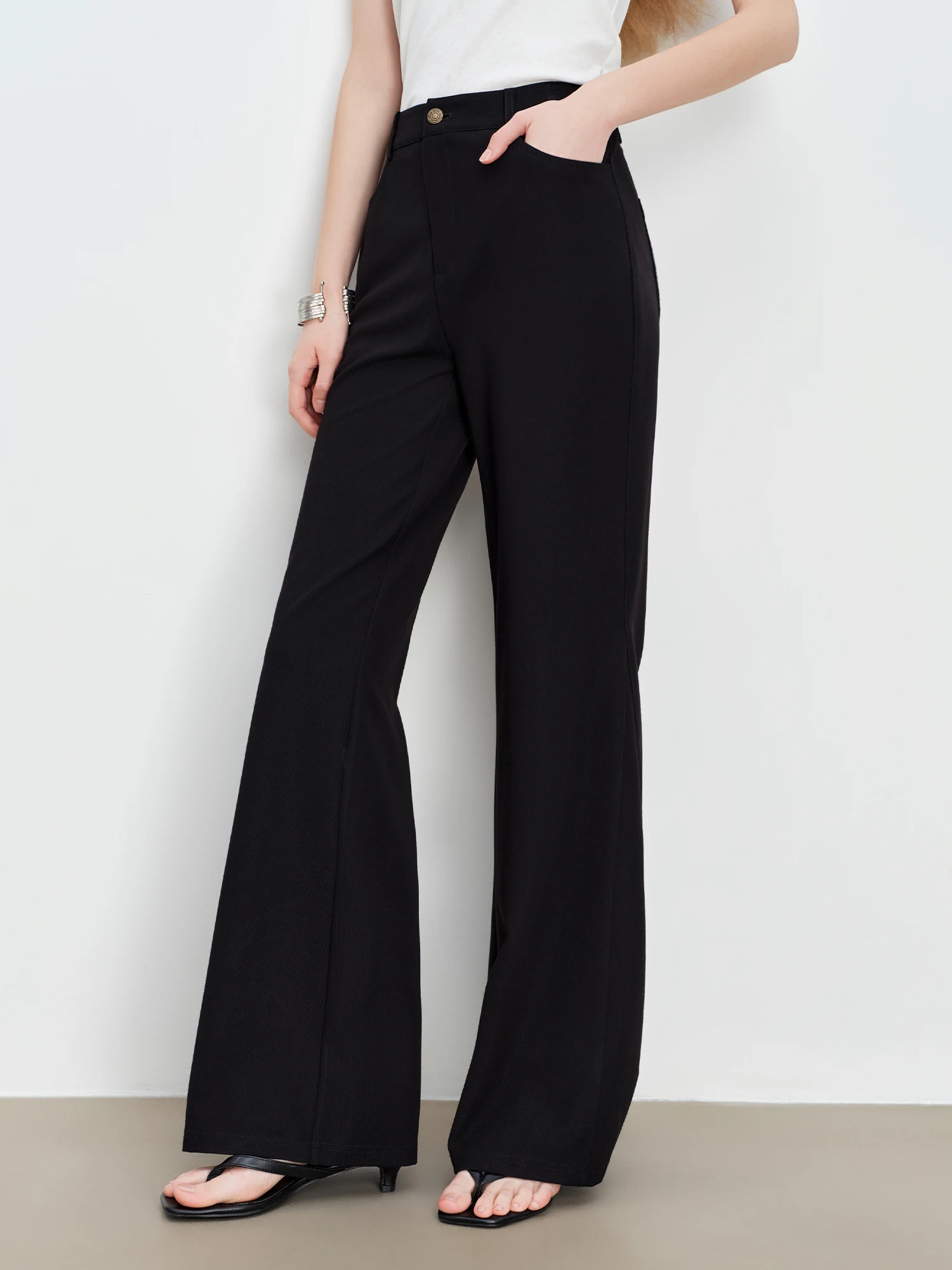 ZIQIAO Petite Women's Modern Black High-Waisted Flared Tros 2026 Spring New Arrival: Floor-Length Slightly Flared Casual Pants