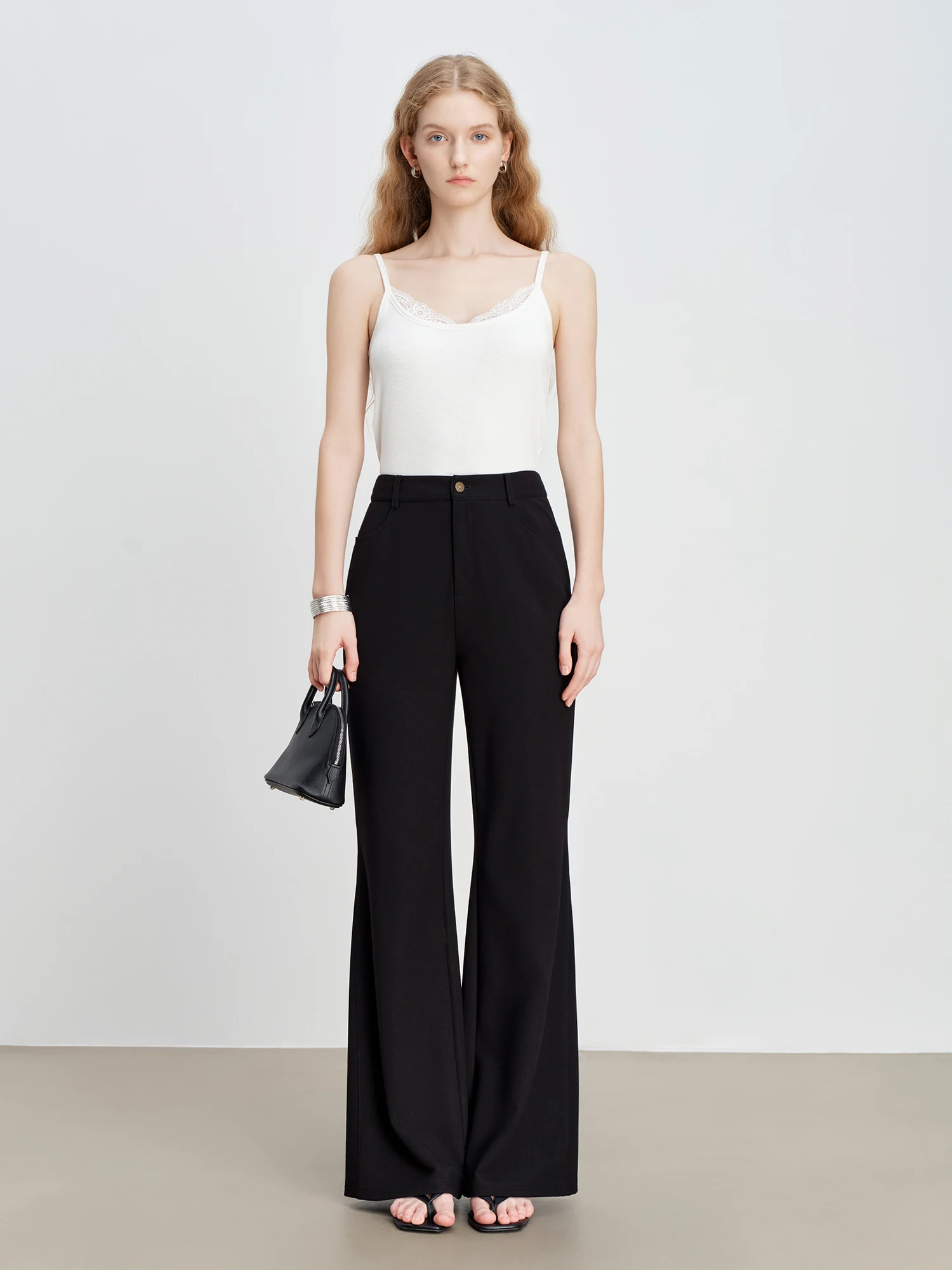 ZIQIAO Petite Women's Modern Black High-Waisted Flared Tros 2026 Spring New Arrival: Floor-Length Slightly Flared Casual Pants