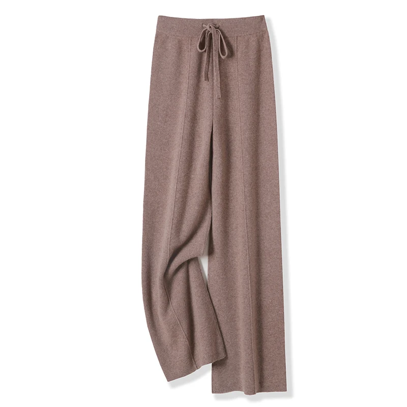 Women 100% Merino Wool Wide Leg Pants Autumn Winter Basic Soft Warm Pure Wool Knit Casual Simple Style Solid Knitted Trousers