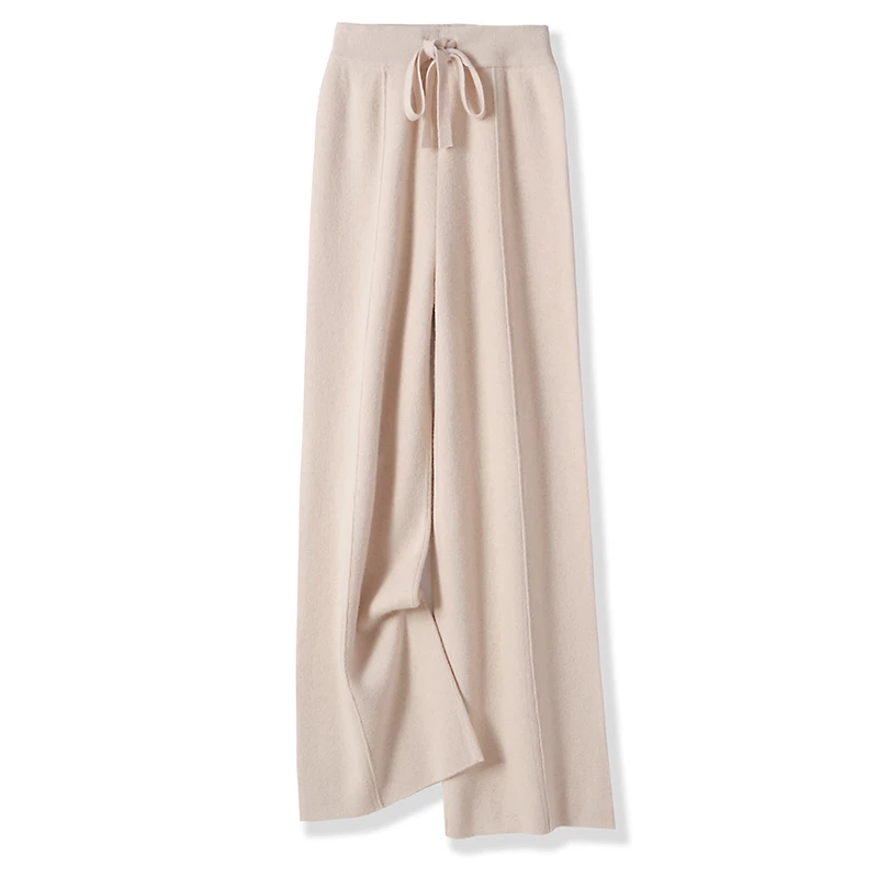 Women 100% Merino Wool Wide Leg Pants Autumn Winter Basic Soft Warm Pure Wool Knit Casual Simple Style Solid Knitted Trousers