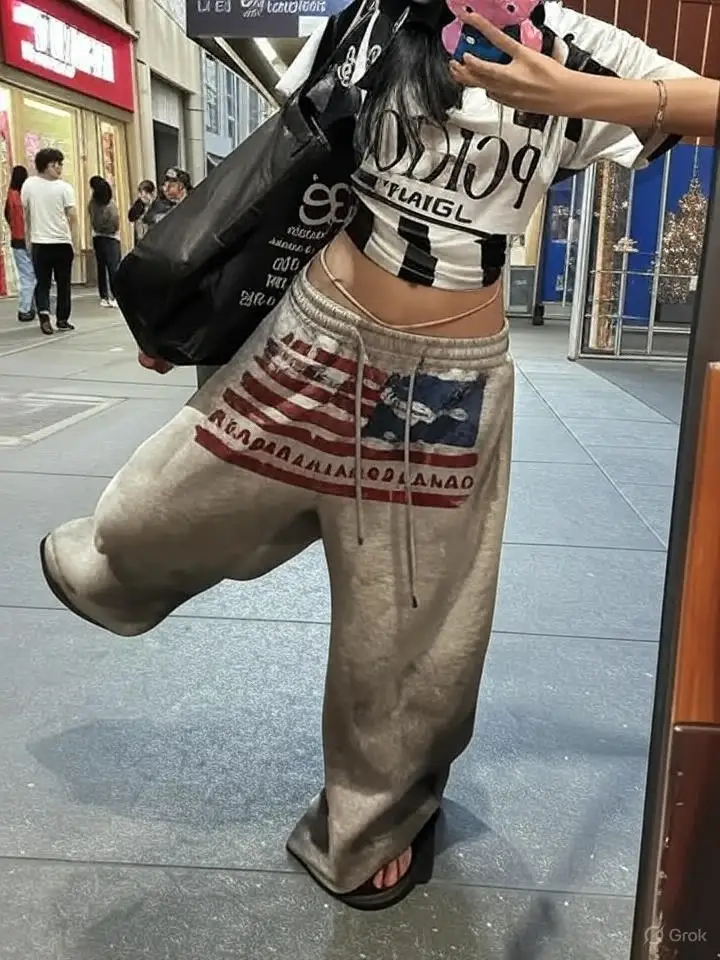 Streetwear American Flag Graphic Joggers Women Men Gray Oversized Wide Leg Sweatpants Patriotic Print Distressed Wash Y2K Style