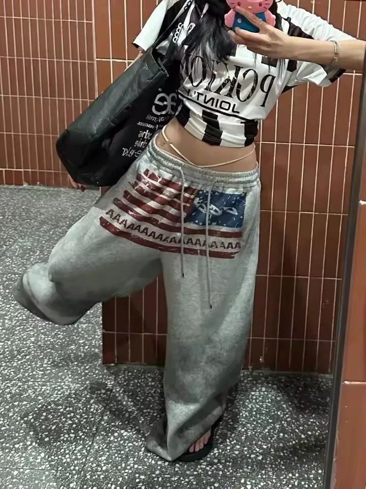 Streetwear American Flag Graphic Joggers Women Men Gray Oversized Wide Leg Sweatpants Patriotic Print Distressed Wash Y2K Style
