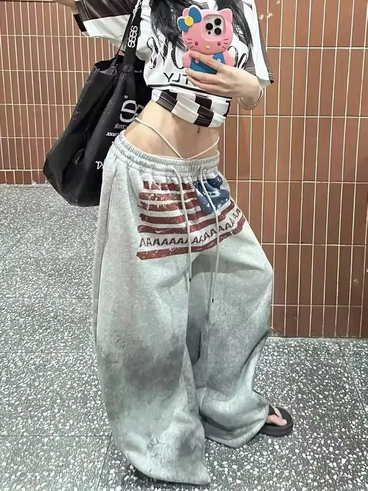 Streetwear American Flag Graphic Joggers Women Men Gray Oversized Wide Leg Sweatpants Patriotic Print Distressed Wash Y2K Style