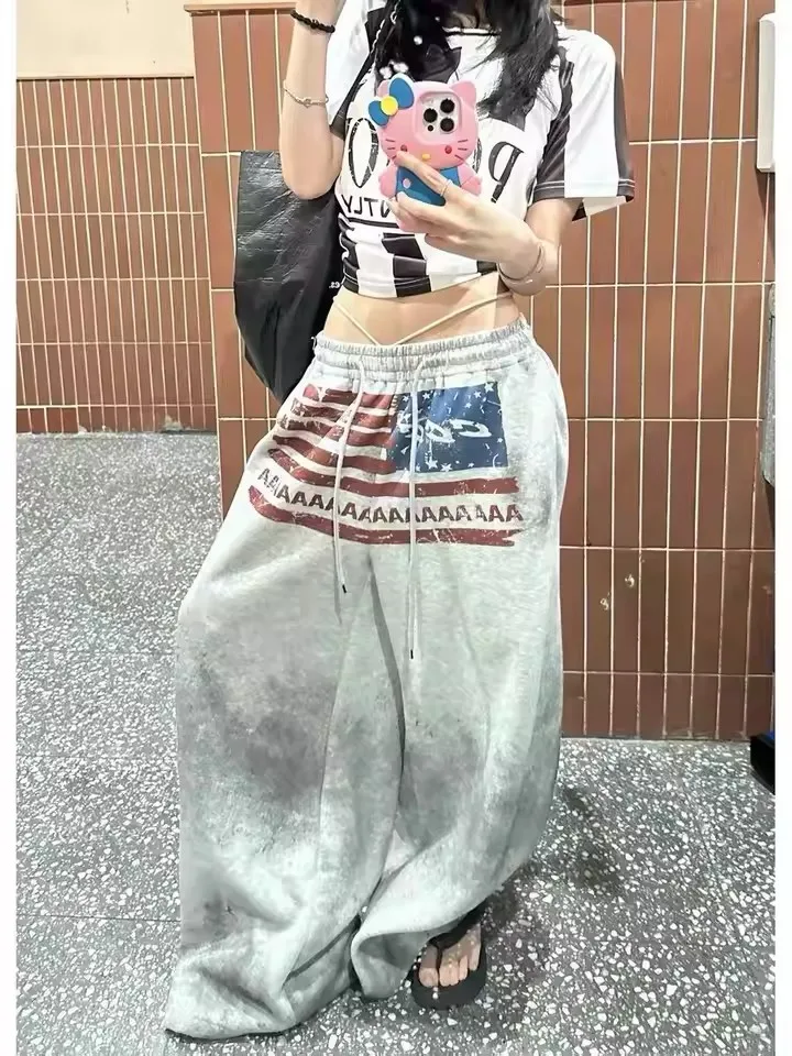 Streetwear American Flag Graphic Joggers Women Men Gray Oversized Wide Leg Sweatpants Patriotic Print Distressed Wash Y2K Style