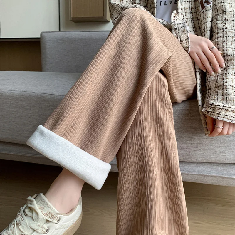 2025 Winter Fleece Lined Warm Pants Women Solid Color Wide Leg Pants Woman Comfortable Elastic High Waist Trousers Female