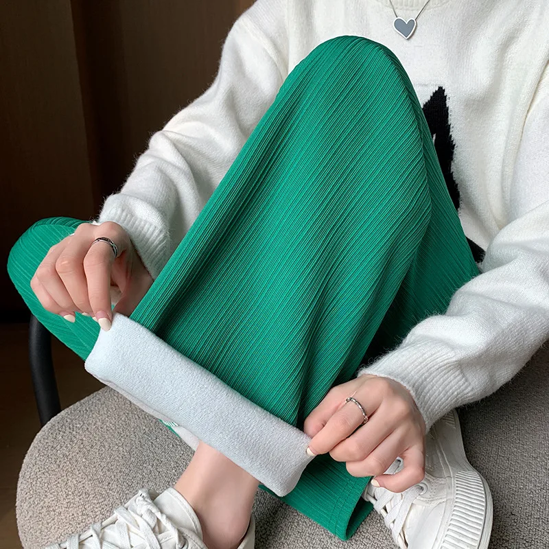 2025 Winter Fleece Lined Warm Pants Women Solid Color Wide Leg Pants Woman Comfortable Elastic High Waist Trousers Female
