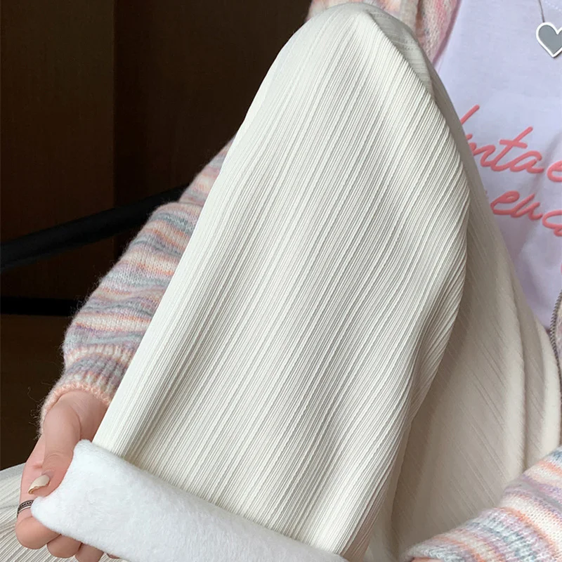 2025 Winter Fleece Lined Warm Pants Women Solid Color Wide Leg Pants Woman Comfortable Elastic High Waist Trousers Female