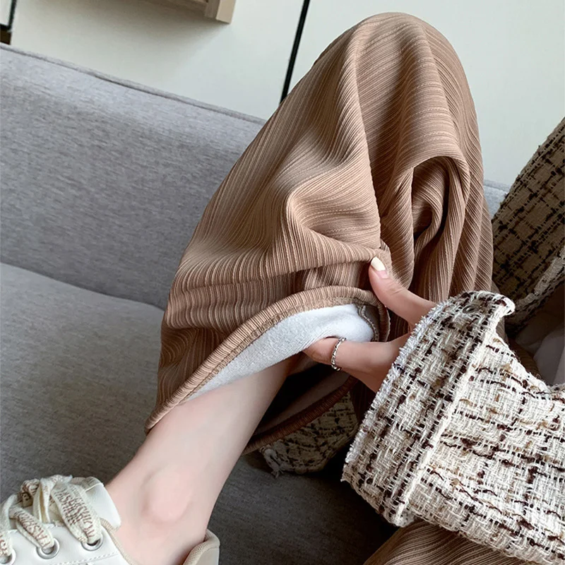 2025 Winter Fleece Lined Warm Pants Women Solid Color Wide Leg Pants Woman Comfortable Elastic High Waist Trousers Female