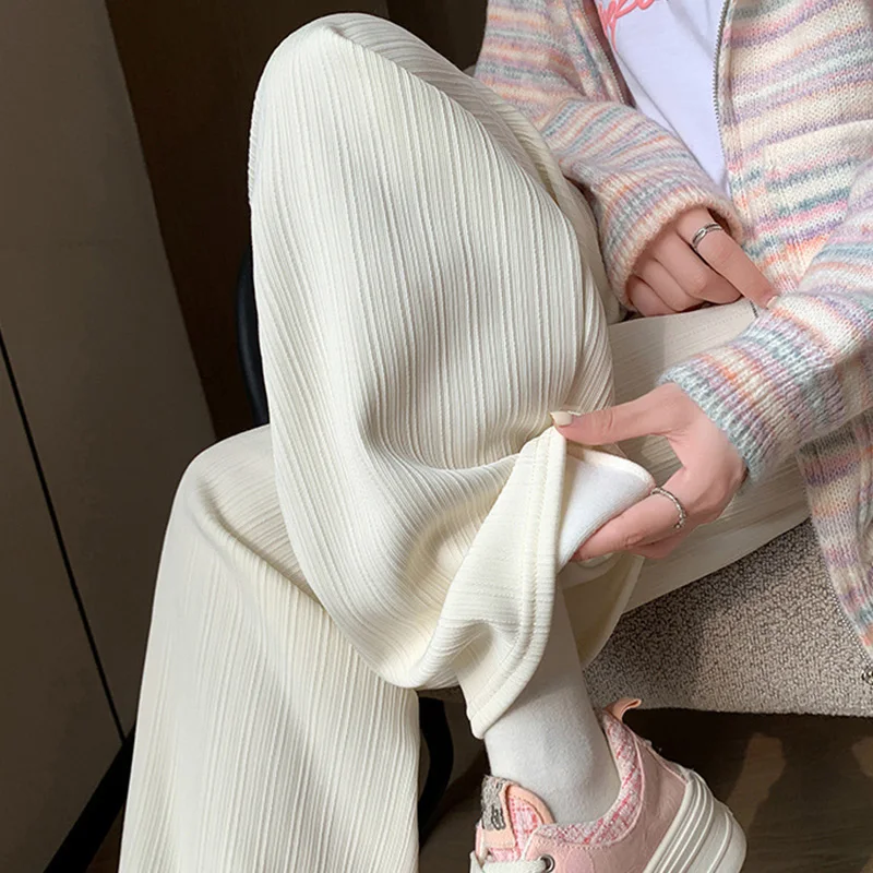 2025 Winter Fleece Lined Warm Pants Women Solid Color Wide Leg Pants Woman Comfortable Elastic High Waist Trousers Female