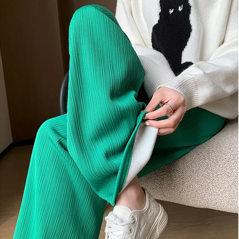 2025 Winter Fleece Lined Warm Pants Women Solid Color Wide Leg Pants Woman Comfortable Elastic High Waist Trousers Female